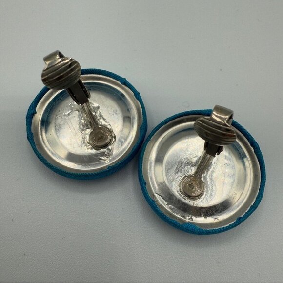 Teal Blue Fabric Button Clip On Earrings - Picture 4 of 5